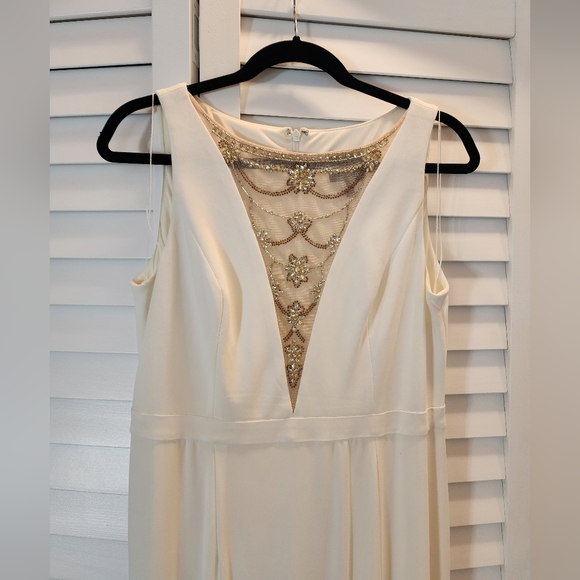 Adrianna Papell Illusion Beaded Neckline Slit Gown Ivory EUC 10 - Picture 4 of 7